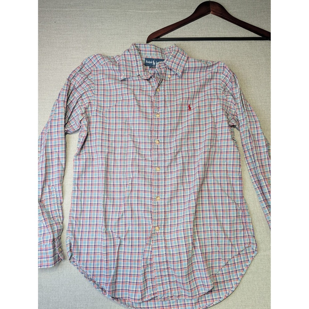 Ralph Lauren Button Down Shirt Mens M Blue Red Plaid Cotton Classic Fit Pony